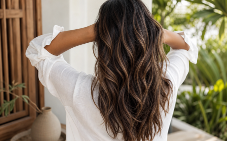 Balayage marron glacé sur cheveux bruns foncés ondulés avec fines mèches caramel naturelles