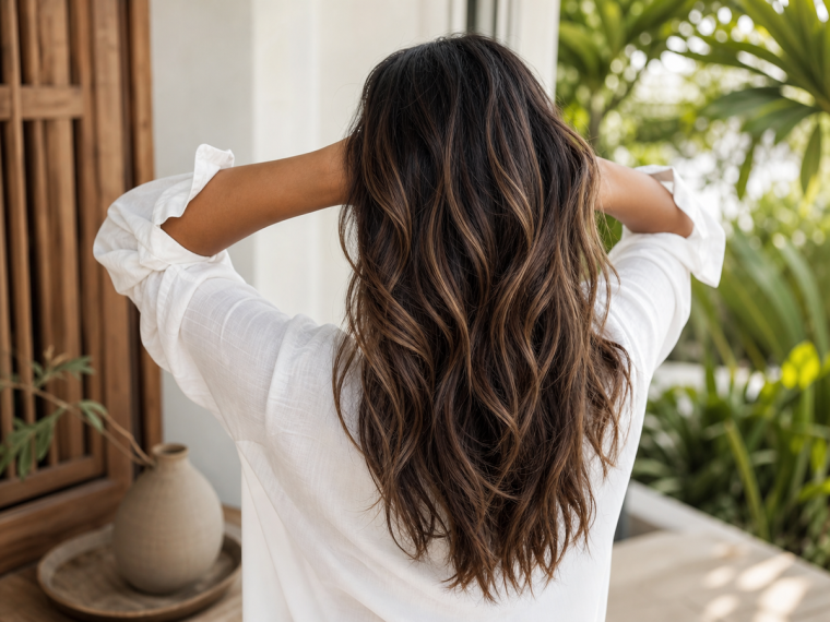 Balayage marron glacé sur cheveux bruns foncés ondulés avec fines mèches caramel naturelles