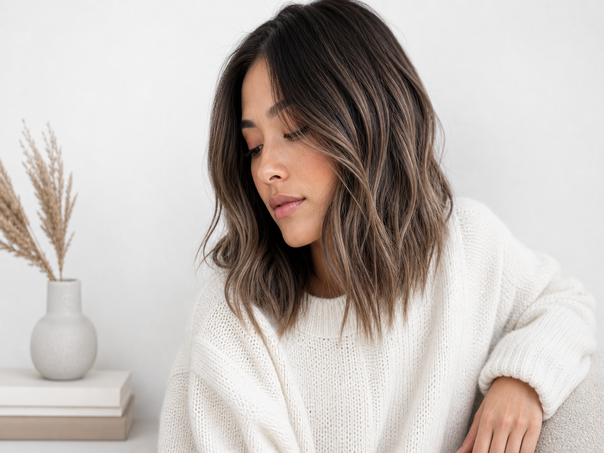 balayage marron glacé sur cheveux noir lob wavy
