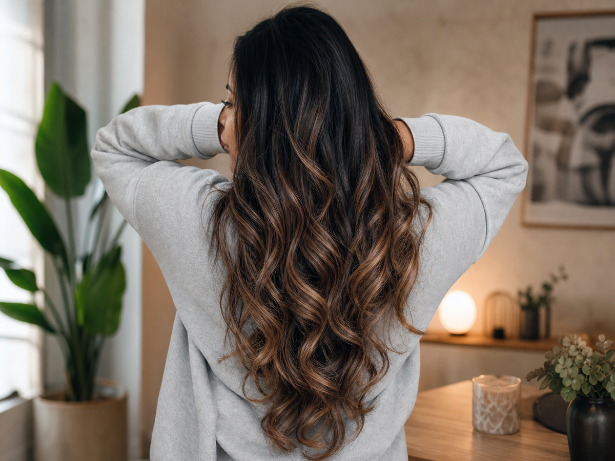 ombre marron glacé sur cheveux noirs idée coloration tendance 2021