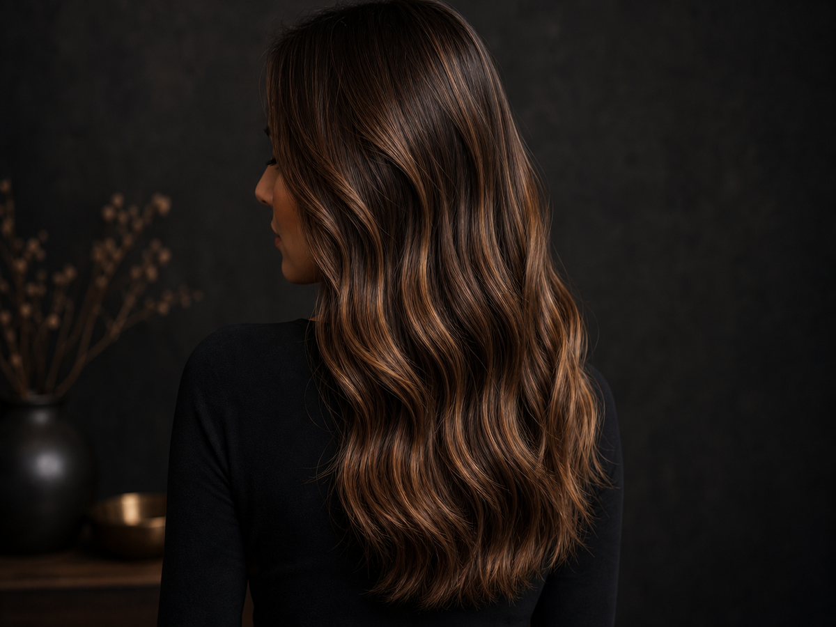 balayage marron glacé sur cheveux brun foncé ondulés