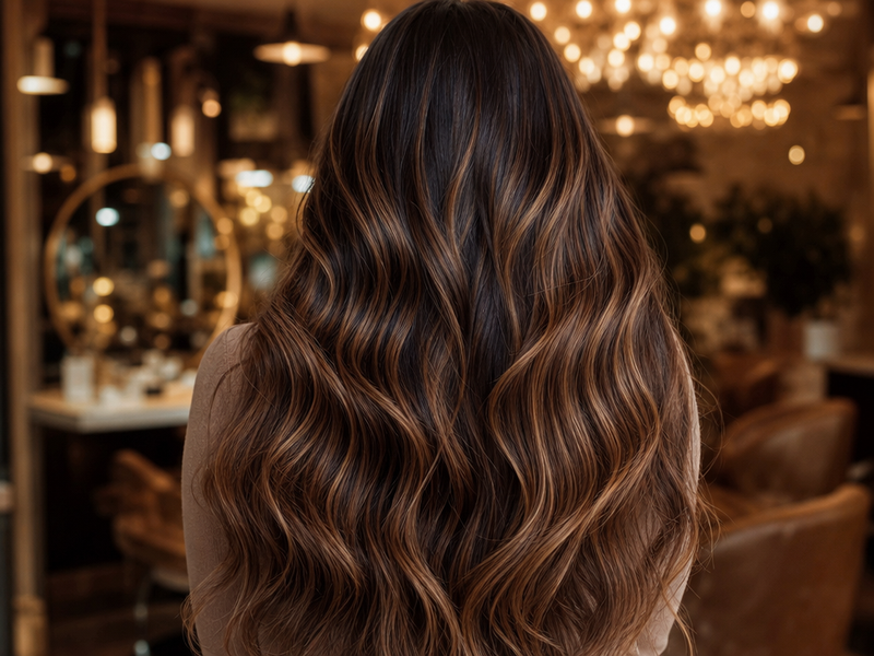 balayage miel sur cheveux marron glacé longs et ondulés