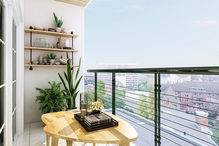 Balcon De Style Rondin Avec Une Armoire De Balcon Murale Et Un Mobilier  Doux Et Léger Dans L'espace