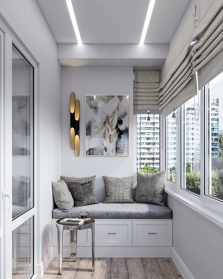 petit canapé de balcon avec tiroirs balcon fermé moderne stores bateau tableau art abstrait