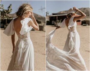 robe mariée bohème dos nu mancherons chapeau mariage plage