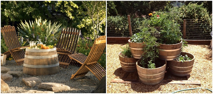 tonneaux en bois recyclés en mobilier de jardin table basse jardinière déco récup jardin