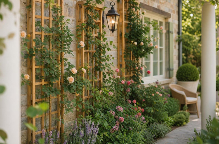 treillis en bois offrent un support pour les plantes grimpantes