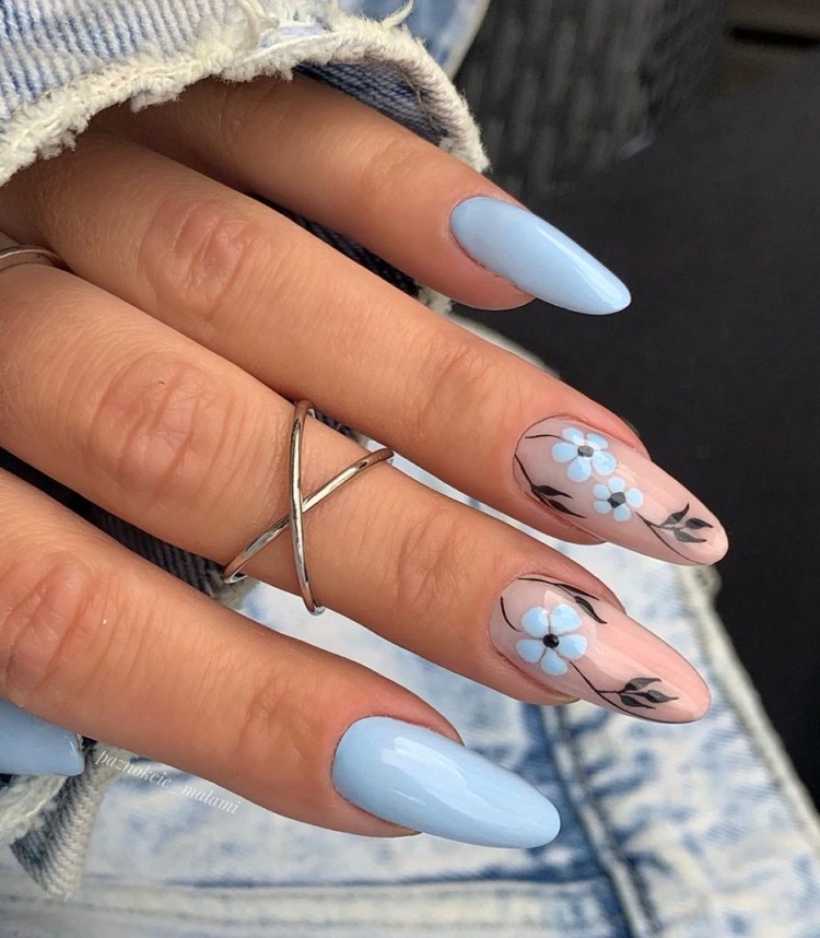 manucure ongles bleu pastel et blanc nail art hiver