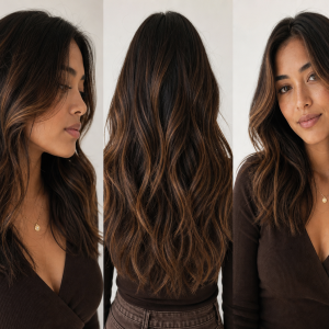 Balayage chocolat noisette sur cheveux bruns - triptyque coiffures tendance