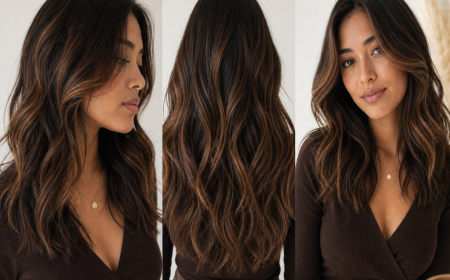 Balayage chocolat noisette sur cheveux bruns - triptyque coiffures tendance
