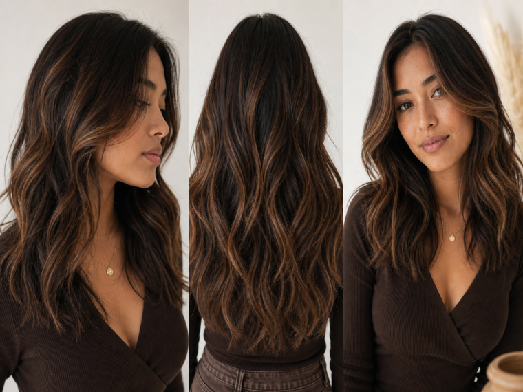 Balayage chocolat noisette sur cheveux bruns - triptyque coiffures tendance