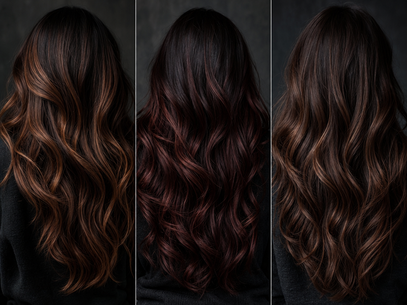 coloration marron balayage chocolat acajou femme peau mate