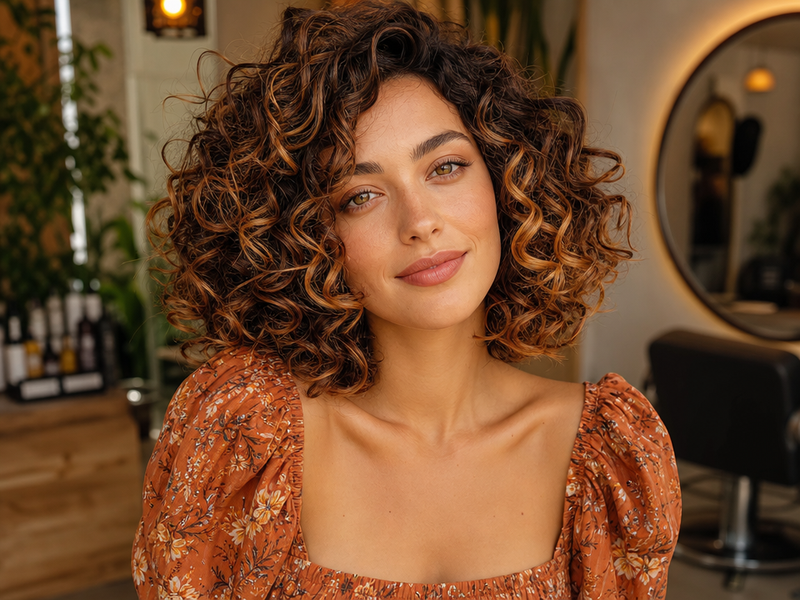 balayage chocolat caramel sur cheveux bouclés