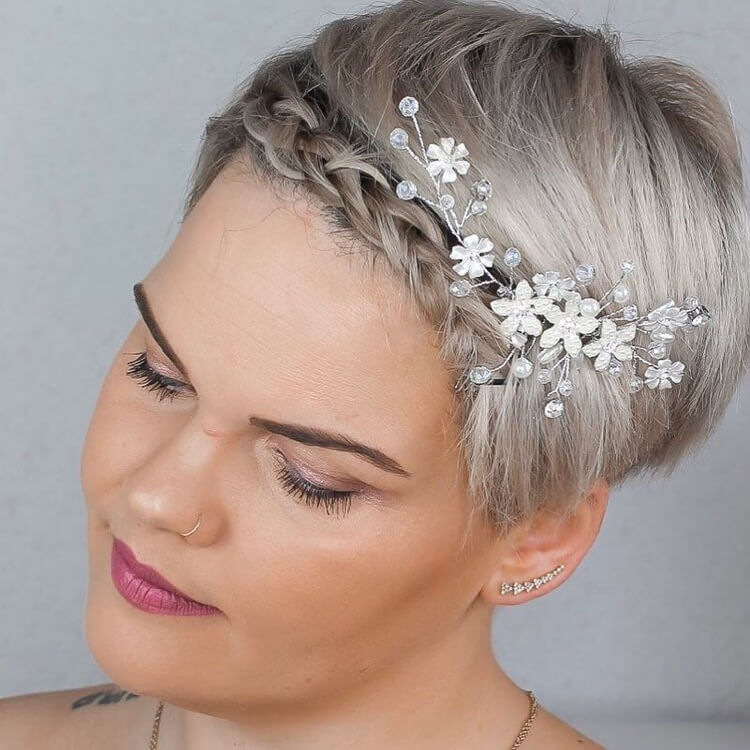Pixie Cut Short wedding hairstyles with a frontal rhinestone and pearl braid