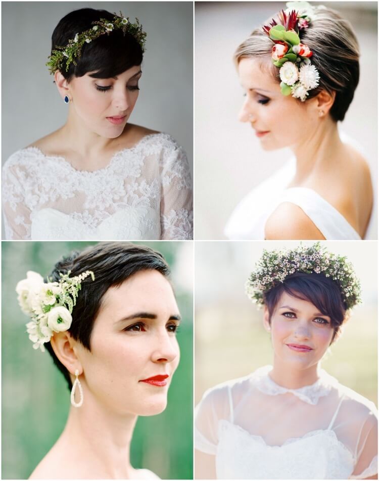 Short pixie haircut with flower crown