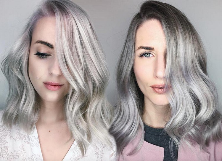 coloration grise nuances argentées balayage cheveux longs