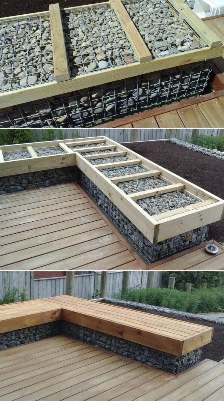 comment fabriquer banc gabion bois décoration jardin extérieur