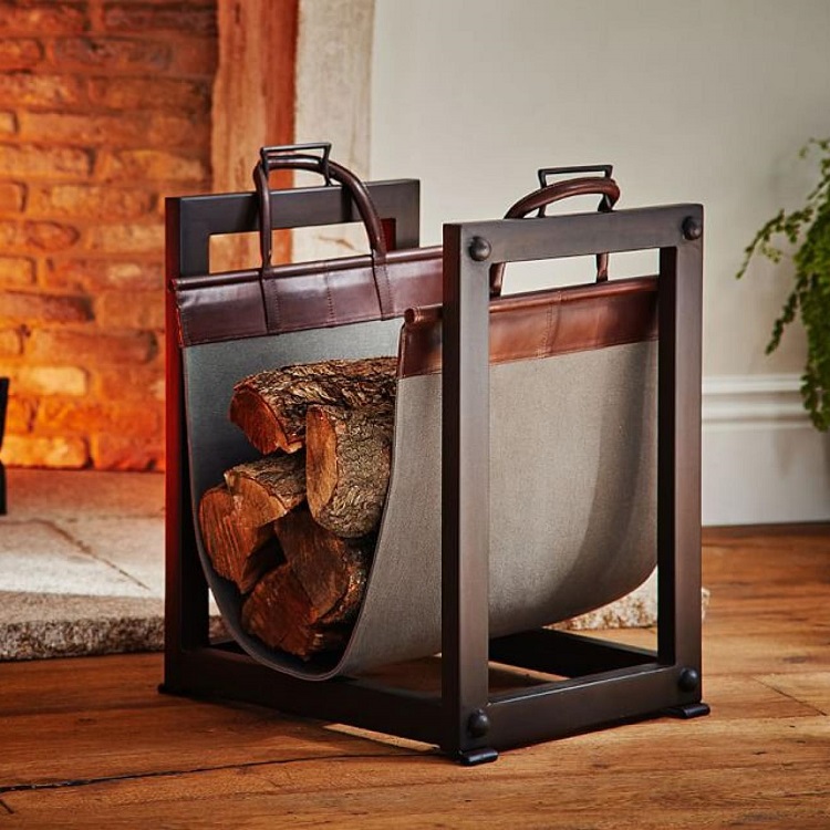 porte-buches range-bois intérieur 2 en 1 sac manches cuir cadre acier
