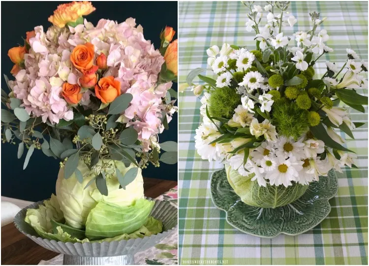 chou comestible détourné vase composition fleurs originales