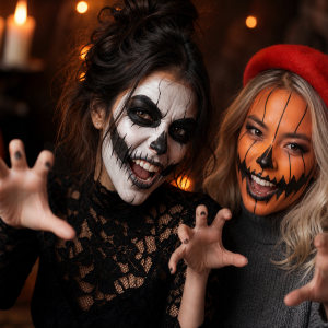 Duo en maquillage Halloween tête de mort et citrouille sur fond sombre doré