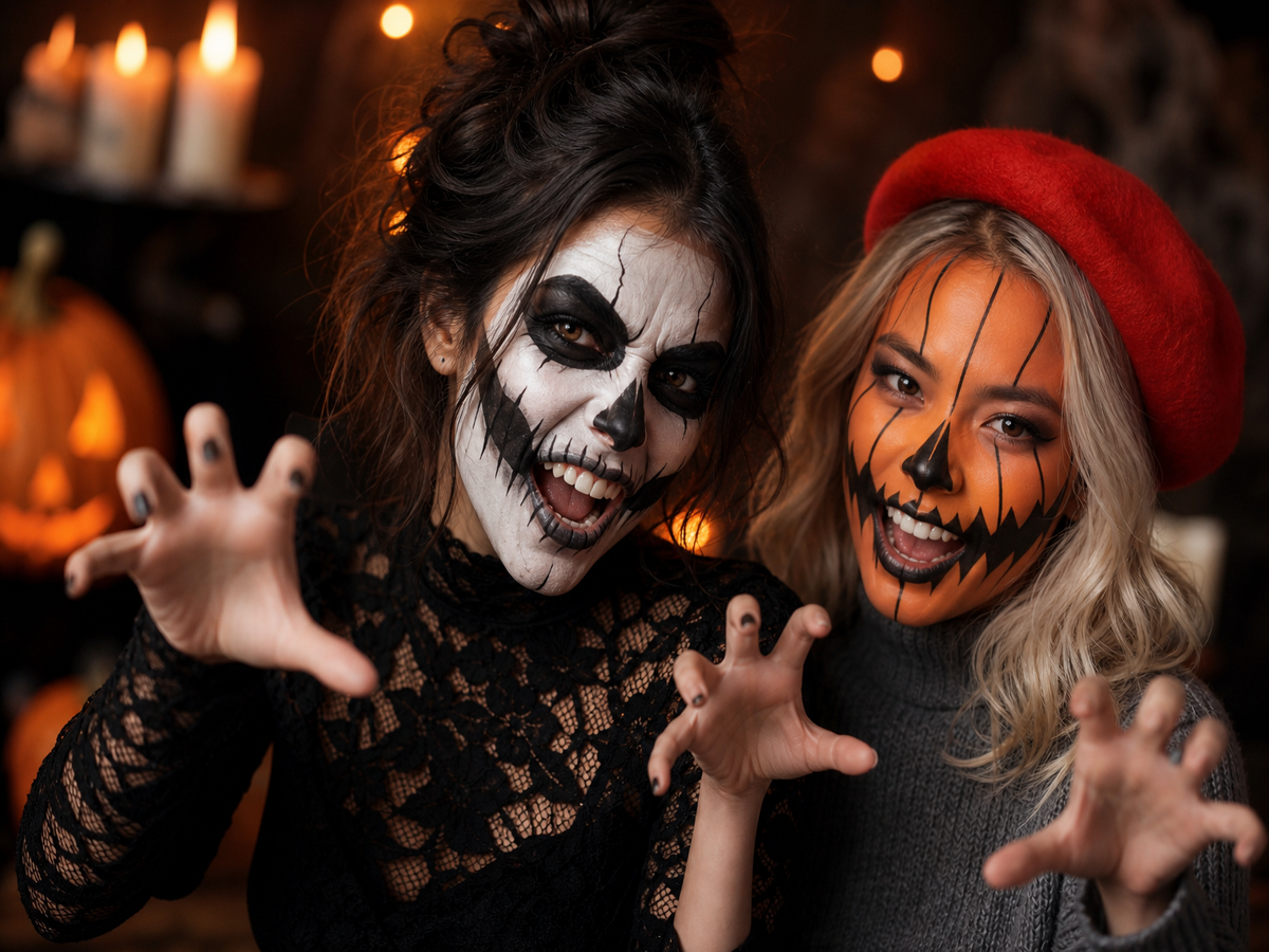 Duo en maquillage Halloween tête de mort et citrouille sur fond sombre doré