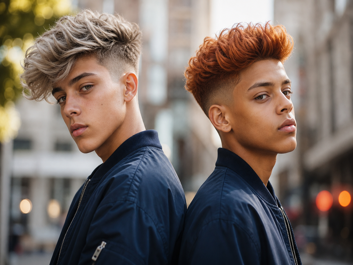 Coupe undercut ado garçon : cheveux gris balayage et roux pompadour dégradé