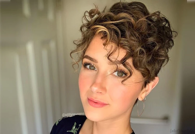 Modern short haircut Pixie on curly hair
