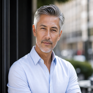 Homme élégant avec coupe courte poivre et sel, cheveux gris argentés coiffés en arrière