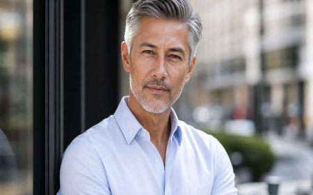 Homme élégant avec coupe courte poivre et sel, cheveux gris argentés coiffés en arrière