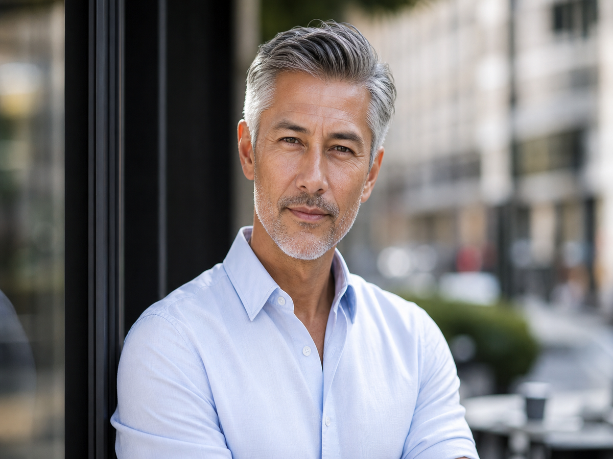 Homme élégant avec coupe courte poivre et sel, cheveux gris argentés coiffés en arrière