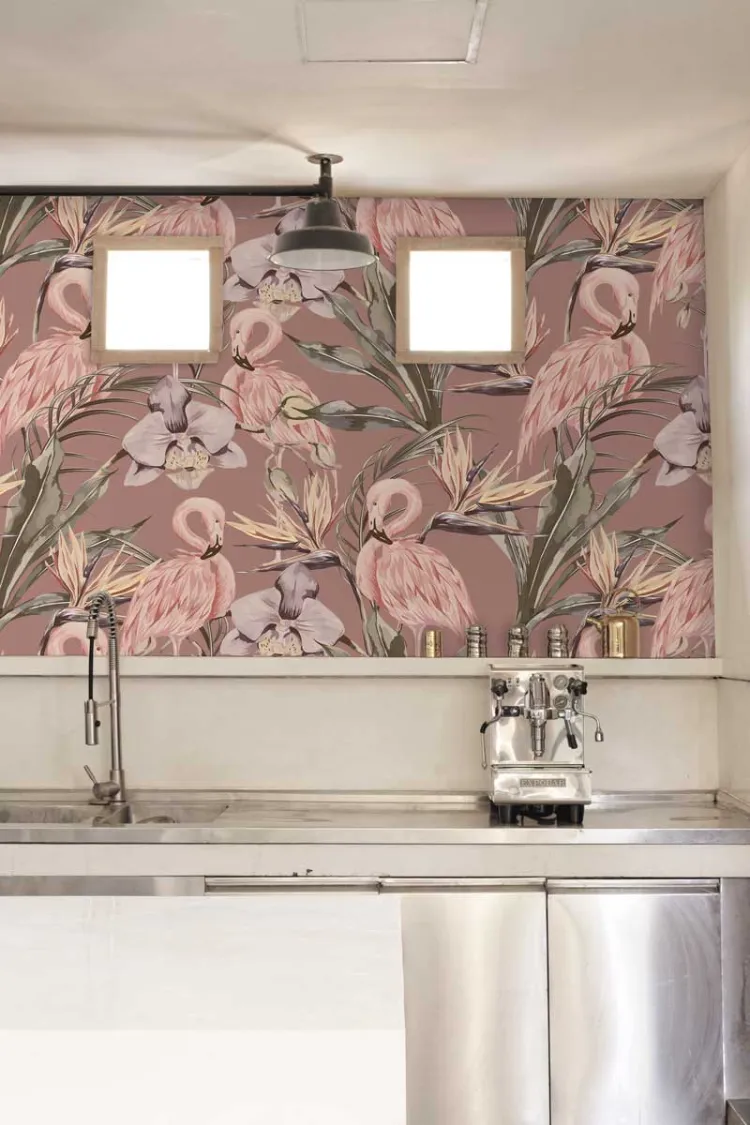 decoration flamant tose orchidées papier peint cuisine tendance 2021 style moderne