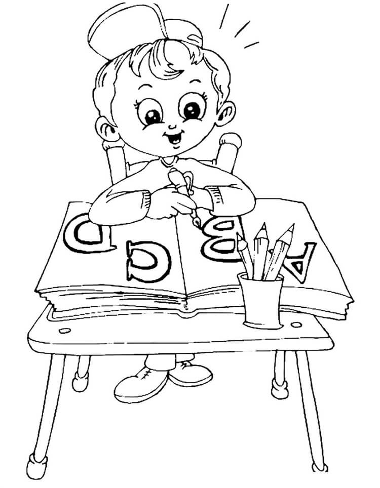 dessin à colorier école maternelle petit écolier écrit des lettres