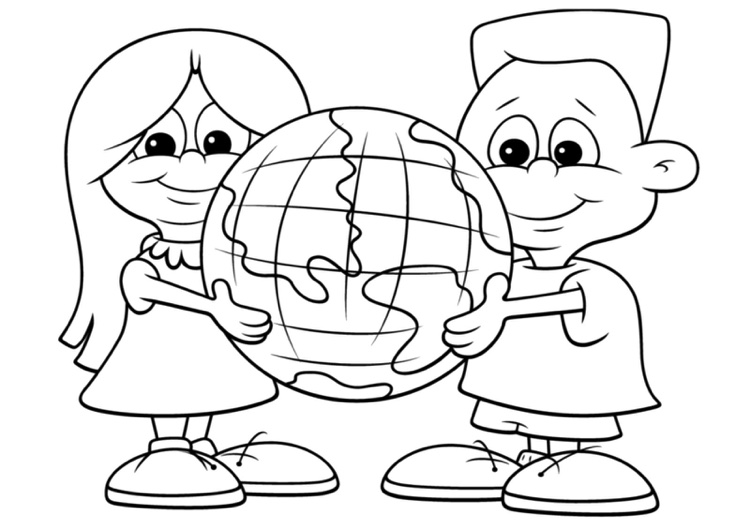 deux écoliers avec un globe terrestre coloriage enfants maternelle