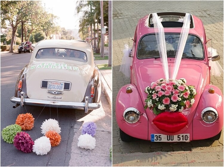 décoration voiture mariage vintage