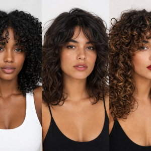 Frange rideau sur cheveux bouclés frisés court et long — trois styles