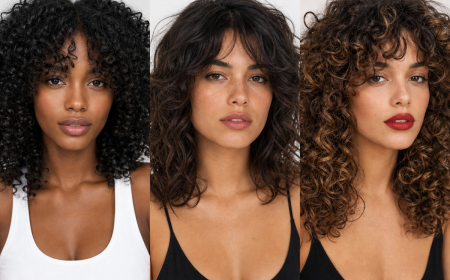 Frange rideau sur cheveux bouclés frisés court et long — trois styles