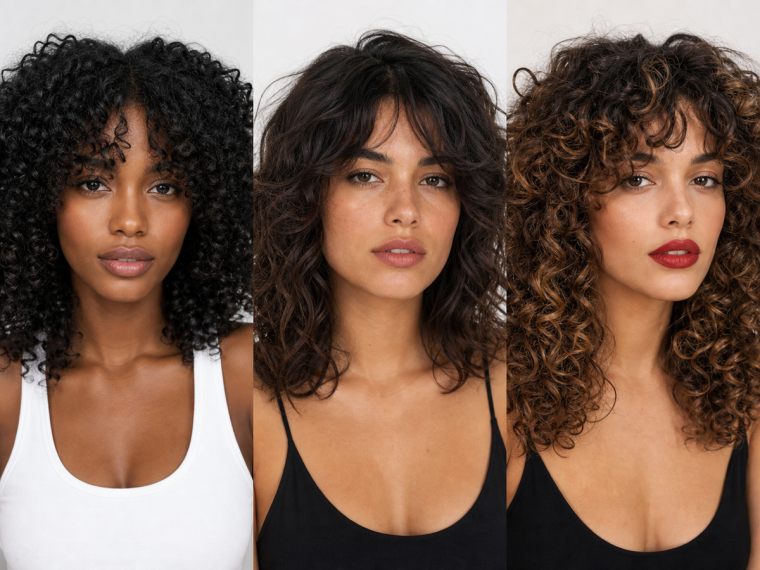 Frange rideau sur cheveux bouclés frisés court et long — trois styles
