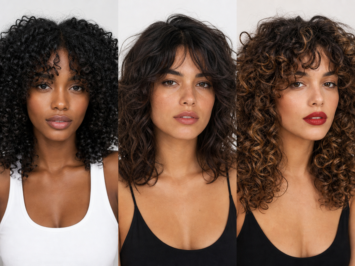 Frange rideau sur cheveux bouclés frisés court et long — trois styles