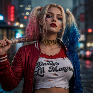 Déguisement Harley Quinn Suicide Squad avec batte de baseball et veste rouge – maquillage Halloween