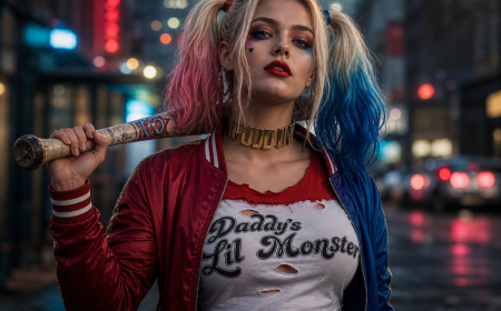 Déguisement Harley Quinn Suicide Squad avec batte de baseball et veste rouge – maquillage Halloween
