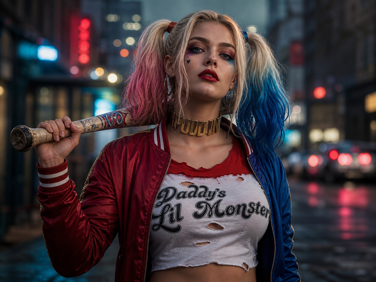 Déguisement Harley Quinn Suicide Squad avec batte de baseball et veste rouge – maquillage Halloween