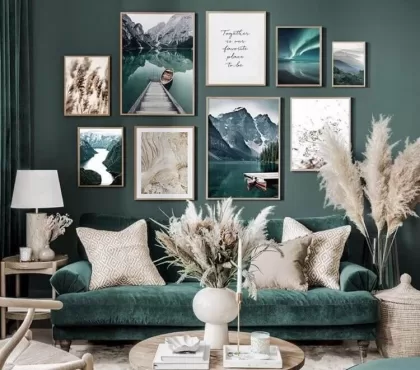 mur de cadres style décalé mur accent vert déco intérieure avec herbe de la pampa