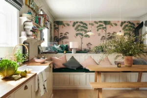 papier peint cuisine original idee decoration murale cuisine inspirarion nature foret verdure