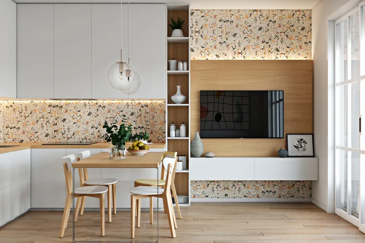 papier peint terrazzo cuisine blanche meubles en bois idee decoration murale cuisine