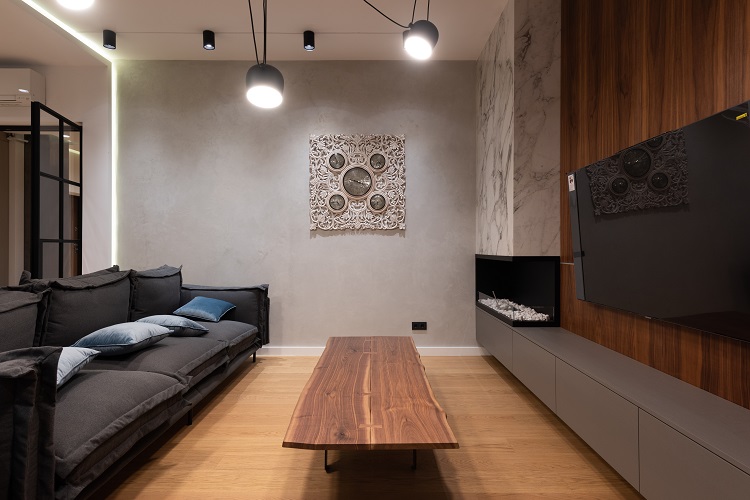 salle de séjour moderne en noir et bois