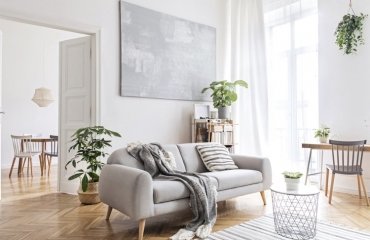 salon scandinave cocooning canapé gris nordique meubles en bois déco plantes vertes