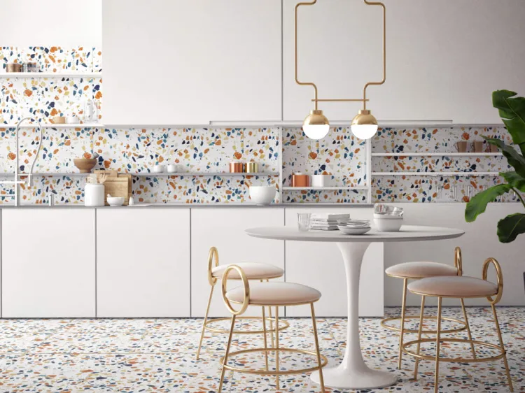 sol et papier peint terrazzo tendances cuisine moderne 2021 decor blanc