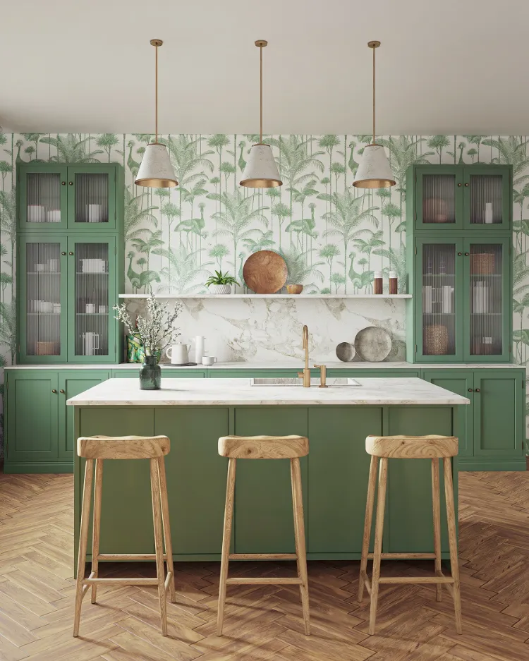 green kitchen wallpaper trend tropical palm leaf pattern wooden chairs trends 2021