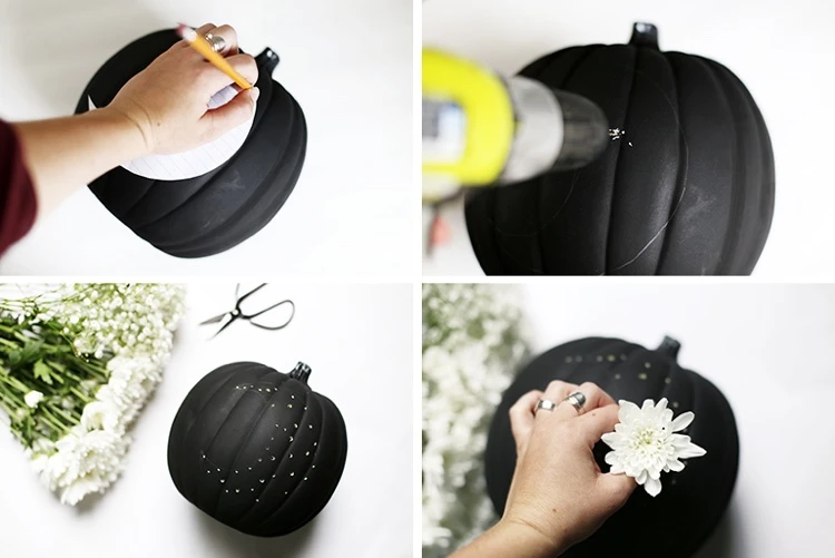 tuto facile décoration citrouille noire avec des fleurs blanches