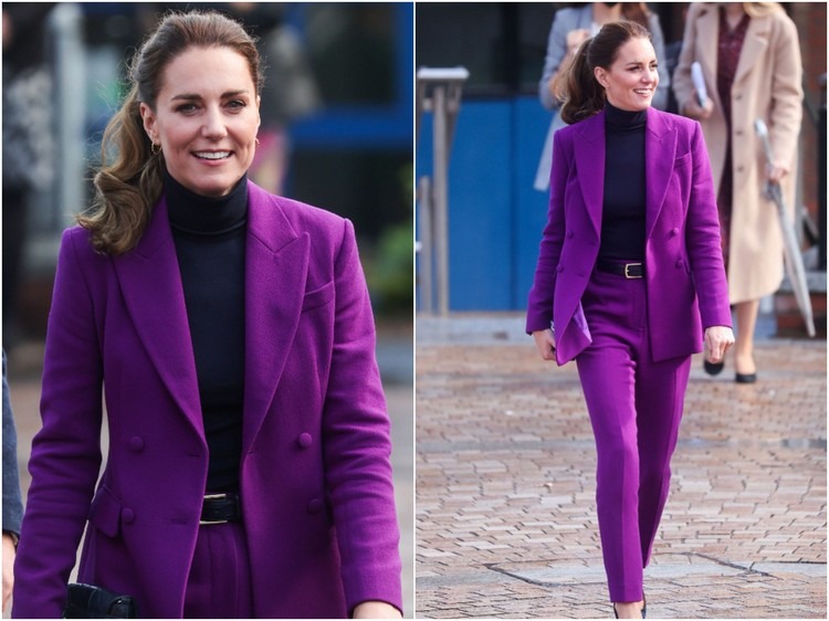 Kate Middleton enceinte 2021 voyage Irlande du Nord la duchesse de Cambridge a refusé un verre de whisky costume violet tenue chic